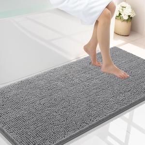 Smiry Luxury Chenille Bathroom Rugs 44x24, Extra Soft and Absorbent Shaggy Bath Mat, Machine Washable, Non-Slip Plush Carpet Runner for Tub, Shower, and Floor, Home Decor Accessories, Grey