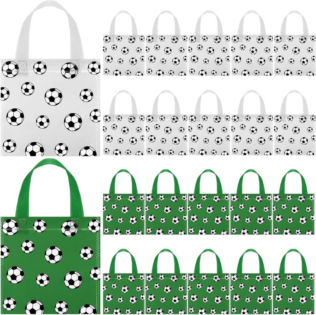 Sweetude 24 Pcs Sports Non Woven Gift Bags Snack Goodies Candy Treat Bags for Sport Party Decorations Party Supplies, 7.9 x 7.9 Inch(Soccer)