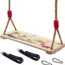 Wooden Swing Seat, Nostalgic Outdoor Wood Swing for Kids , Tree Straps Set Accessories for Backyard Patio Garden Playground, Height Adjustable (Beige)