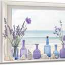 AWPANERAR Beach Window Wall Art Bathroom Decor Purple Lavender in Vase Pictures Rustic Flowers Poster Blue Ocean Prints Coastal Artwork Farmhouse Decor Framed (White, (20L x 30W))