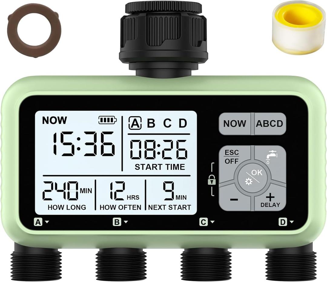 4 Outlet Sprinkler Timer, Programmable Garden Hose Timer with Rain Delay, Manual& Automatic Watering System, Waterproof Gardening Supplies Irrigation Controller for 4 Separate Water Zones