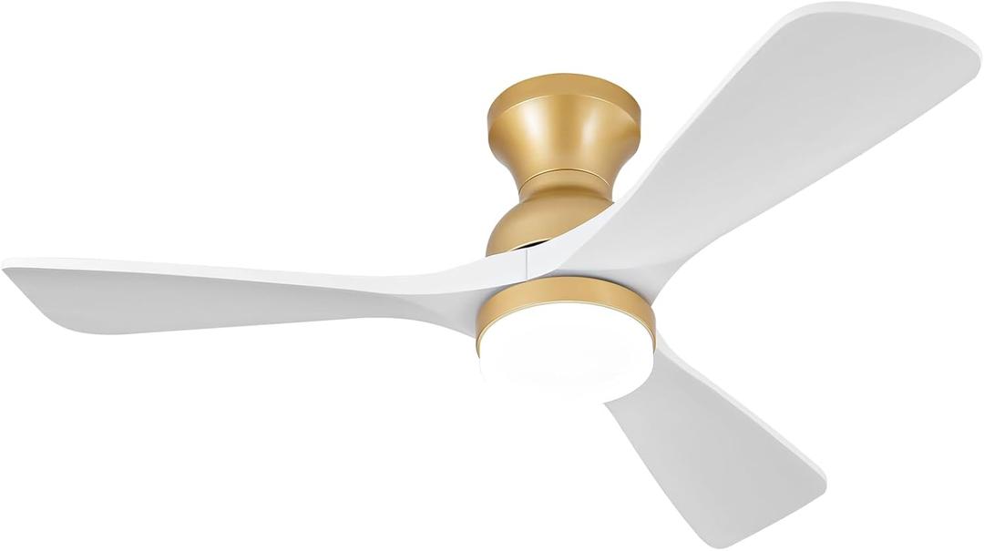 42 Inch White and Gold Low Profile Ceiling Fans with Lights and Remote, Dimmable, Quiet DC Motor, 3 Wood Blades, Flush Mount Ceiling Fan with Light, Indoor Outdoor Ceiling Fan for Patios