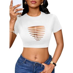 Remidoo Women's Sexy Distressed Ripped Crop Top Short Sleeve Cropped T Shirt Summer Cutout Tops White Small (White, S)