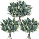 Winlyn 5Pcs Mixed Artificial Oval Eucalyptus Leaves Bulk with White Seeds Stems and Spray for Vase Floral Wreath Bouquets Wedding Greenery Decoration