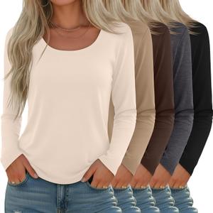 5 Pack Women's Long Sleeve Shirts Scoop Neck Tops Loose Fit Tshirt Pullover Undershirt Basic Fall Layer Casual Tee (Large, Black, Apricot, Khaki, Brown, Dark Heather Gray)
