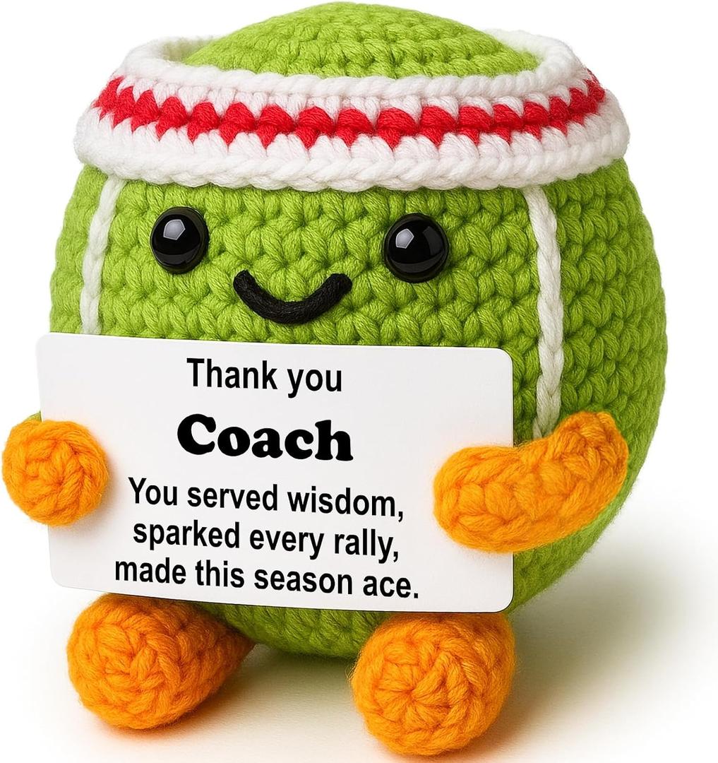 Coach Mini Crochet Tennis Ball Plush with Story Card, Handmade 810cm, Year-End Thank-You, Stocking Stuffer, Secret Santa, Team Desk Dcor