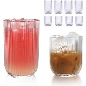 Set of 8 Ribbed Glassware,4 Highball Glasses 14oz & 4 Rocks Drinking Glasses 9oz, Clear, Origami Style, Fluted Design, for Milk, Water, Cocktail, Juice, Beer, ToothBrush Cup, Gift