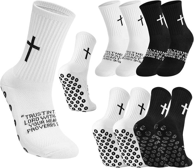 scenicamp 4 Pairs Cross Grip Soccer Socks Christian Socks for Men Cross Sock with Bible Verse Anti Slip Christian Crew Sock with Grips for Sports Training Barefoot Workout Hospital Fitness, 40-44