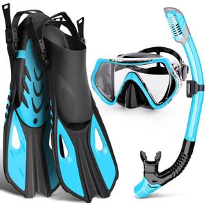 Mask Fin Snorkel Set, Snorkeling Gear for Adults with Panoramic View Mask, Dry Top Snorkel, Adjustable Swim Fins and Travel Bag, Man Woman Snorkel Gear for Swimming Snorkeling Diving (Large-X-Large, Blue)