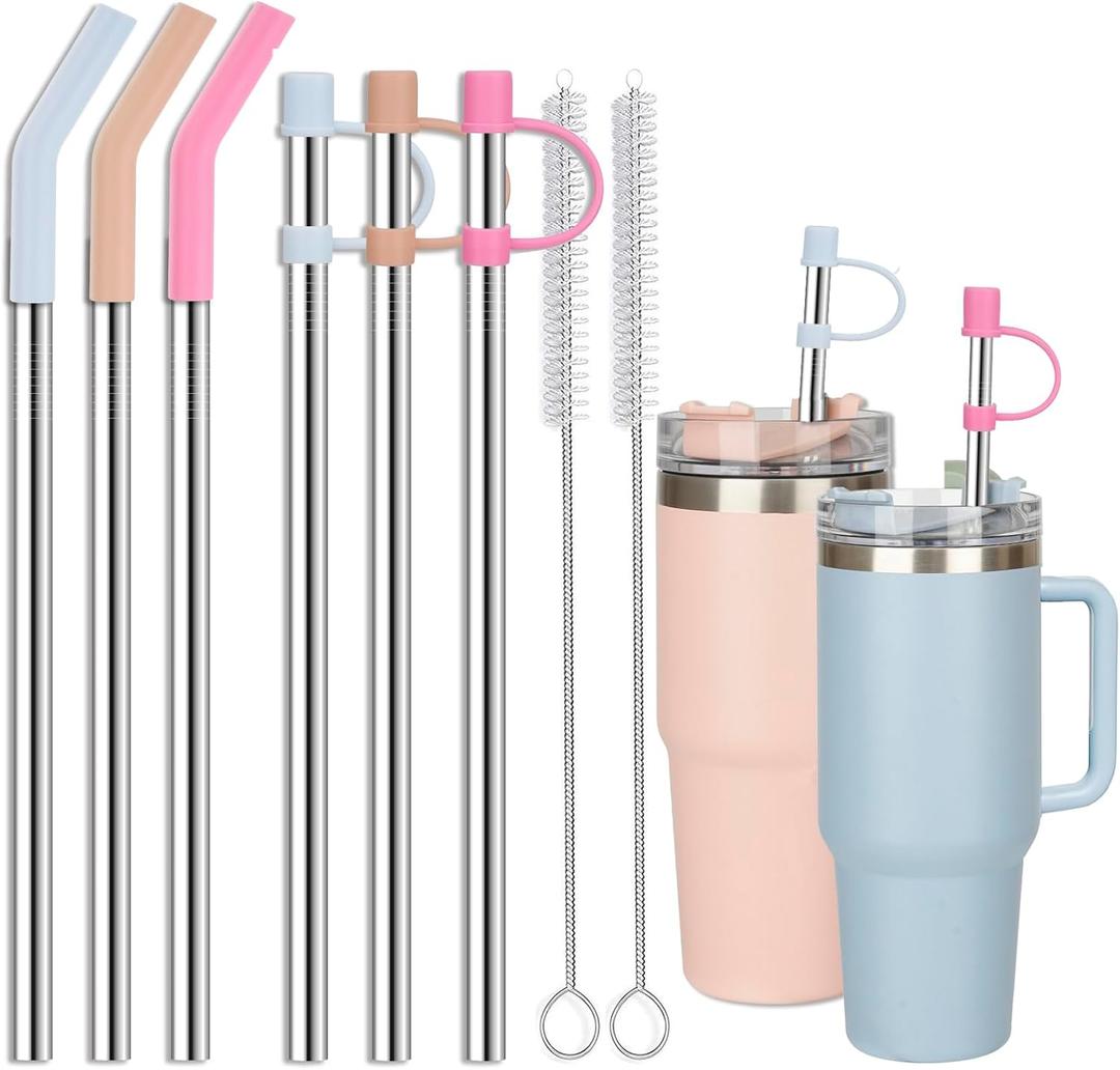 6 Large Diameter Straws with covers for Stanley Tumbler, Reusable Stainless Steel Straws with Silicone straw tips, Perfect for Stanley 40 oz Accessories (12 Inch, 3 Straight and 3 Bent Straw Fit 40oz)