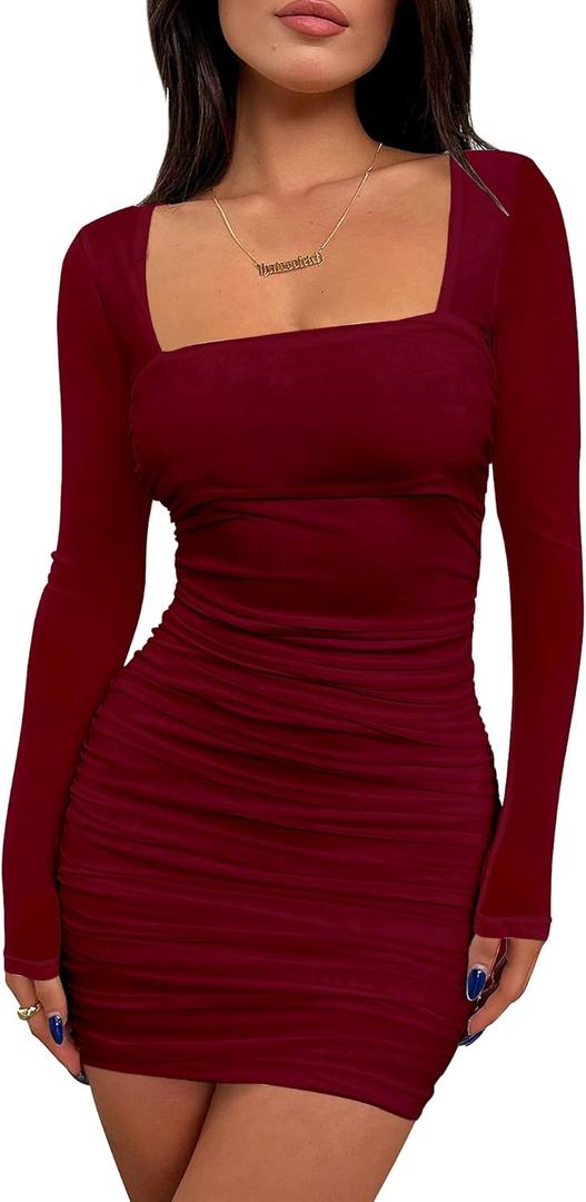 BORIFLORS Women's Sexy Ruched Bodycon Mini Dress Mesh Long Sleeve Club Party Short Dresses (Wine Red, Small)