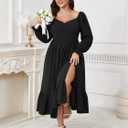 SCOMCHIC Womens Plus Size Wedding Guest Cocktail Dress Sweetheart Neckline Long Sleeve Smocked Ruffle Slit Maxi Dresses (Black, XL)