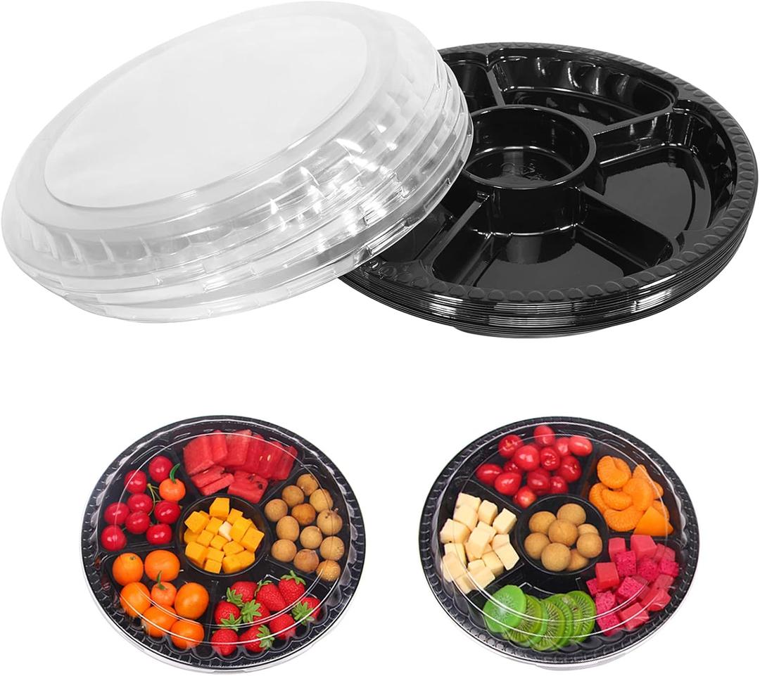 mwellewm 10 Pcs Round Plastic Appetizer Tray with Lid Divided Serving Tray, Disposable Food Storage Containers, Plastic Tray Storage, Kids Snack, Fruit Platter Vegetable Trays for Party and Buffet