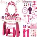 deAO Kids Vanity Table and Chair Set with Mirror and Chair, Toddler Vanity with Light & Music, Pretend Play Makeup & Hair Dryer Toy, Beauty Salon Gift for Girls Ages 3-5 (Pink)