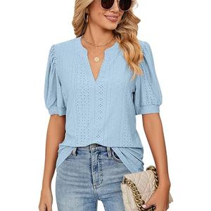PerZeal Women's Summer Tops Tunic V Neck Ruffle Half Sleeve Blouses Short Sleeve Casual Loose Tops T-Shirts Light Blue X-Large