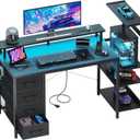 51 Inch Gaming Desk with LED Lights and Power Outlets, Computer Desk with Storage Shelves, Fabric Drawers, Monitor Stand & Side Hook, Reversible Gamer Table for Home Office, Carbon Fiber Black