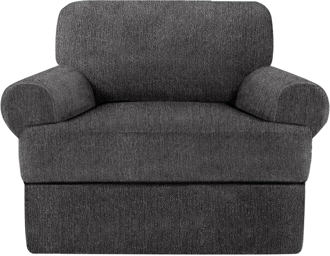 2 Pieces T Cushion Chair Covers with Arms Super Stretch Chair Slipcover for Living Room Pet Dog Universal Slip Cover Anti Slip Armchair Furniture Protector (Dark Gray, 1 Cushion)