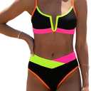 popvil Women's Sexy V Neck Bikini Sets High Waisted Bathing Suit Color Block Swimsuits (Black) L
