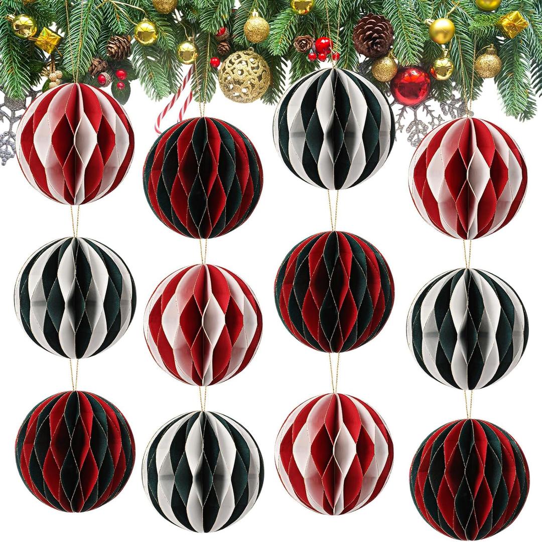 12 Pcs Christmas Paper Honeycomb Ornaments for Tree, 3D Glitter Edge Honeycomb Hanging Decorations Foldable Christmas Ornaments Lanterns for Xmas Tree Holiday New Year Party Decor (Chic)
