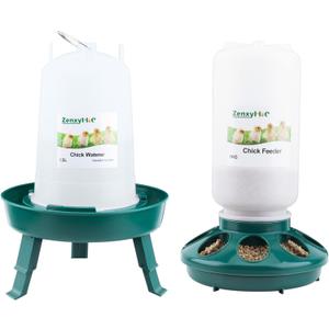 Chick Feeder and Waterer Set, 0.3 Gal Feeder and 0.4 Gal Waterer with 3 Adjustable Heights (Green)