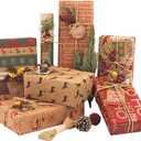 SmoTecQ Christmas Wrapping Paper Sheets – 12 Folded Sheets 70x50cm, 6 Vintage Kraft Designs, Made from Recycled Paper – Includes 10m Jute String & 10 Gift Tags