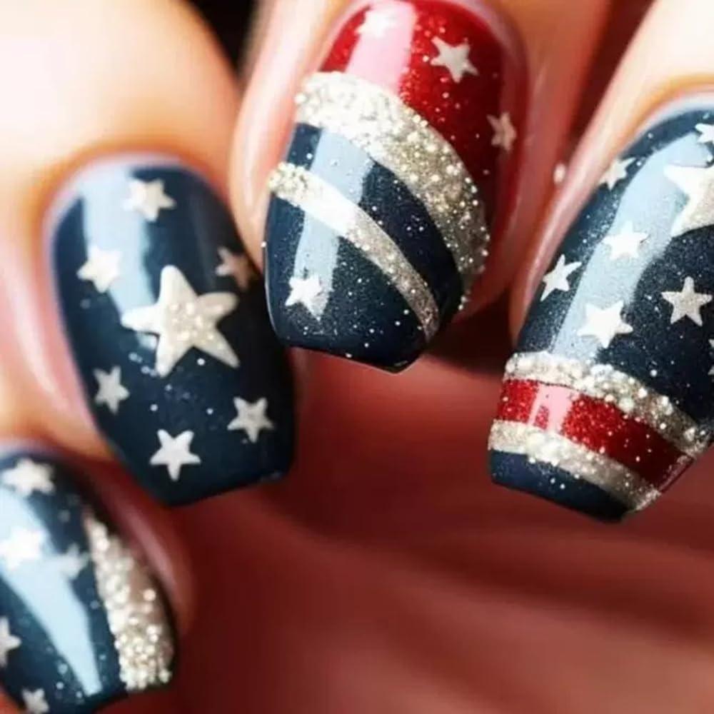 4th July Press on Nails Short Square Fake Nails with Red Blue Line Design Glue on Nails Glitter False Nails Indepndence Day Acrylic Nails for Women 24Pcs