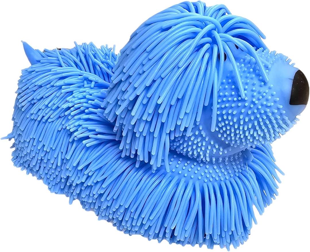 Soft Shaggy Puffer Dog Toy ( Pack) (8" x 5") Filled with air for a Fun Squishy Stretchy Fidget Experience. Blue, Pink, White. (Blue)