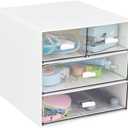 Desk Organizer with 4 Drawers, Clear Plastic Desk Storage Box, Desktop Organization for Office Supplies, Gel Pens, Pencils, Markers, Tape, Erasers, Paperclips, Chargers (White-4 Draws)
