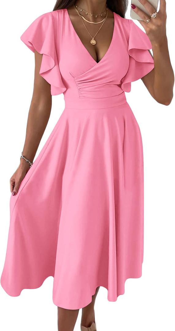 PRETTYGARDEN Summer Midi Dress 2025 Elegant Classy Ruffle Sleeve V Neck Cocktail Wedding Guest Spring Fit and Flared Dresses (Medium, Pink)