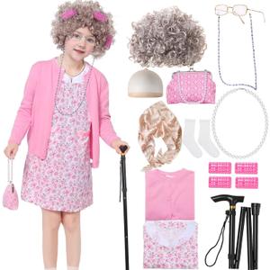Old Lady Costume for Girls Kids 100 Days Of School Costume 100th Day Grandma Dress for Girls (Medium, Pink)