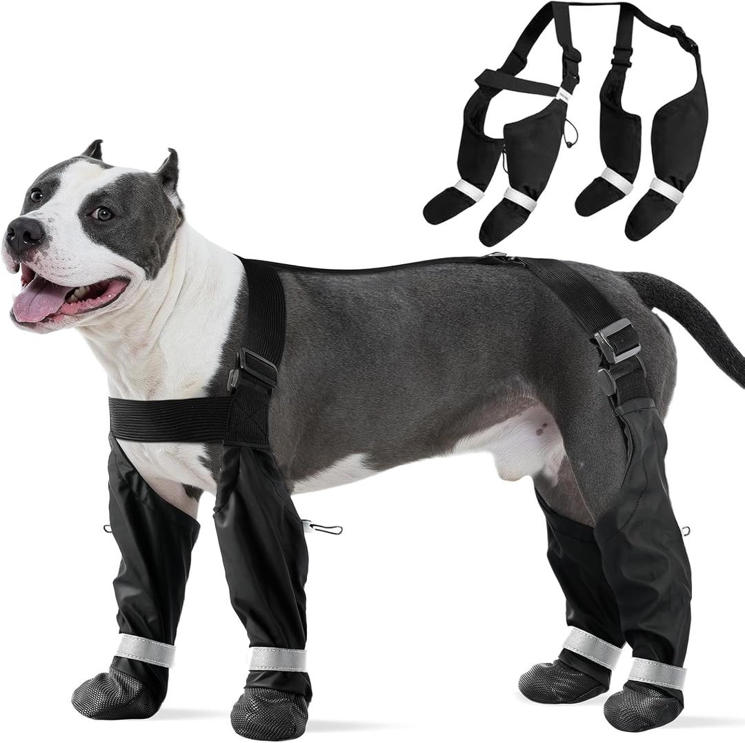 Waterproof Dog Suspender Boots, Reflective Anti-Slip Dog Shoes with Adjustable Straps for Small Medium Large Dogs,Stay-On Dogs Paw Protector Leggings for Outdoor Walking,Rain & Snow Hiking (Black,XXL)