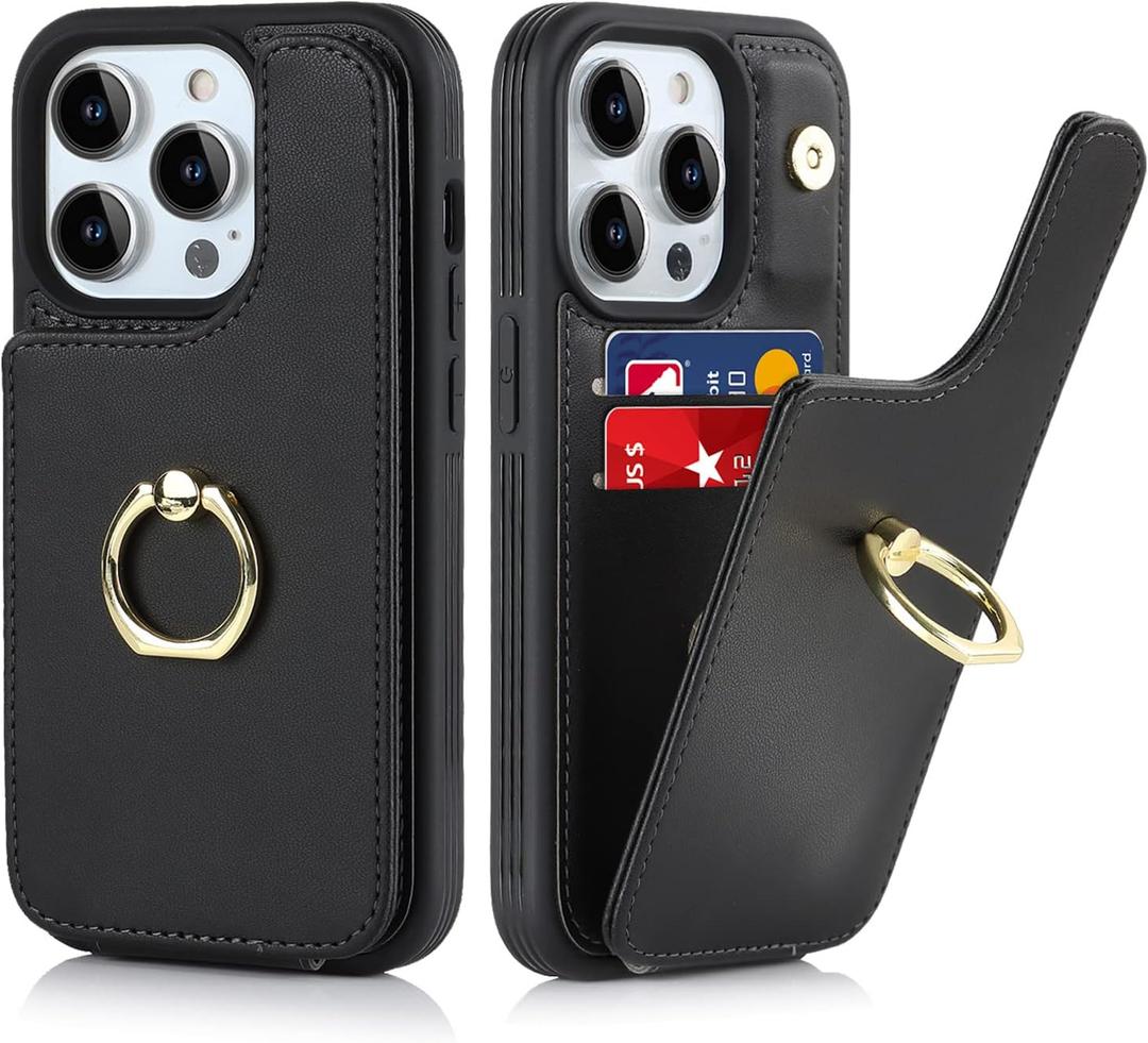 for iPhone 13 Pro Max Case with Card Holder,Credit Card Holder,Ring Stand Kickstand,Flip Shockproof Phone Wallet Case for Women Men (6.7 inch,Black)