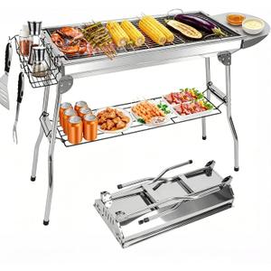 Charcoal Grills,Stainless Steel Folding Portable BBQ Grill Large Charcoal Grill for Garden Backyard Party Picnic Travel Outdoor Cooking Use With Non-Stick Frying Pan