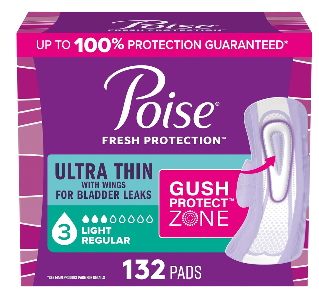 Poise Ultra Thin Incontinence & Postpartum Pads with Wings for Bladder Leaks, 3 Drop Light Absorbency, Regular Length, 132 Count, 