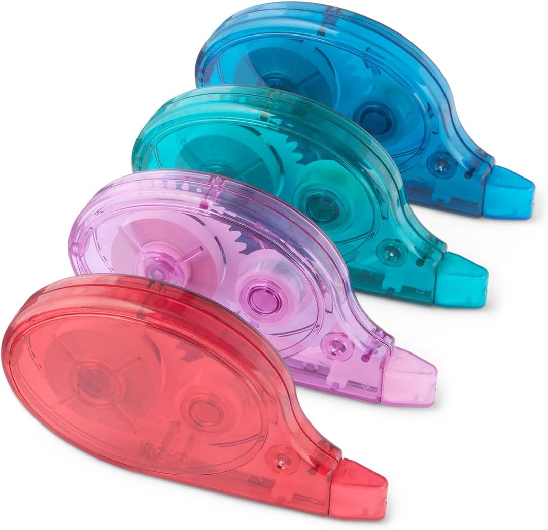 Amazon Basics White-Out Correction Tape with Dispenser, 39.3ft, 4-Pack, Tear-Resistant Tape for Office or School Supplies, Green, Orange, Purple, Red, Blue