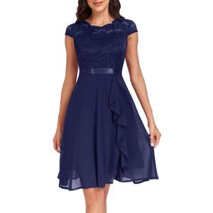 Wedding Guest Dress Women's Elegant Festive Cocktail Dress Lightweight Comfortable Chiffon Dress Knee-Length A Line Slim Fit Lace Dress, M