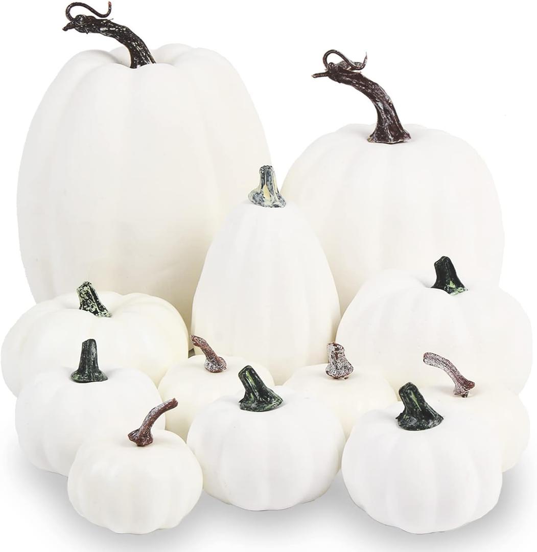 LOMIMOS 12pcs Halloween White Decorative Pumpkins, Assorted Size Artificial Pumpkins for DIY Fall Harvest Thanksgiving Home Decorating Embellishing and Displaying