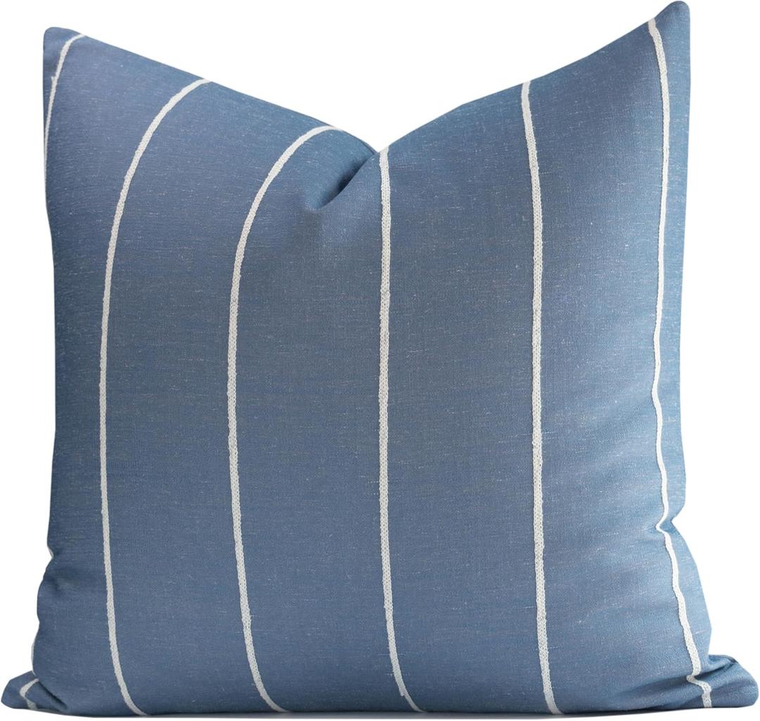 Crumbs Home Coastal Linen Indoor Outdoor Throw Pillow Cover Only, 22"x22" Water Repellent for Patio, Backyard, Couch, Azure Blue Embroidered Stripes