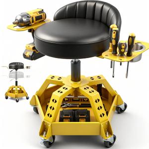 Rolling Shop Stool with Wheels, Garage Mechanic Stool with Backrest, Metal Heavy Duty Roller Mechanic Chair with Tool Tray, 5-Wheel Anti-tip Design,22"-26" Adjustable Height, 330 LBS Capacity