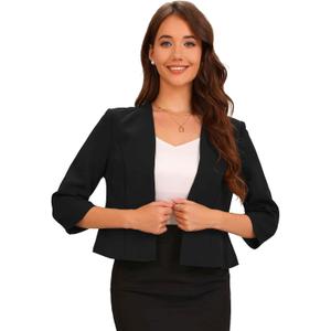Allegra K Elegant Cropped Blazer for Women Collarless 3/4 Sleeve Open Front Peplum Business Suit Jacket (Small)