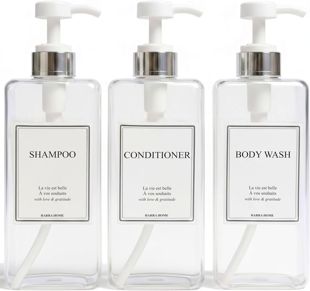 Modern Design Shampoo and Conditioner Dispenser, Large 27oz Shower Soap Dispenser, Set of 3 Refillable Empty Plastic Pump Bottles for Bathroom, 6 Waterproof Labels Included, (Clear & Silver)