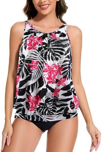 SLIMBELLE Womens Tankini Bathing Suits Only Built in Bra Adjustable Straps High Neck Pleat Loose Fit Swimsuit Rash Guard M