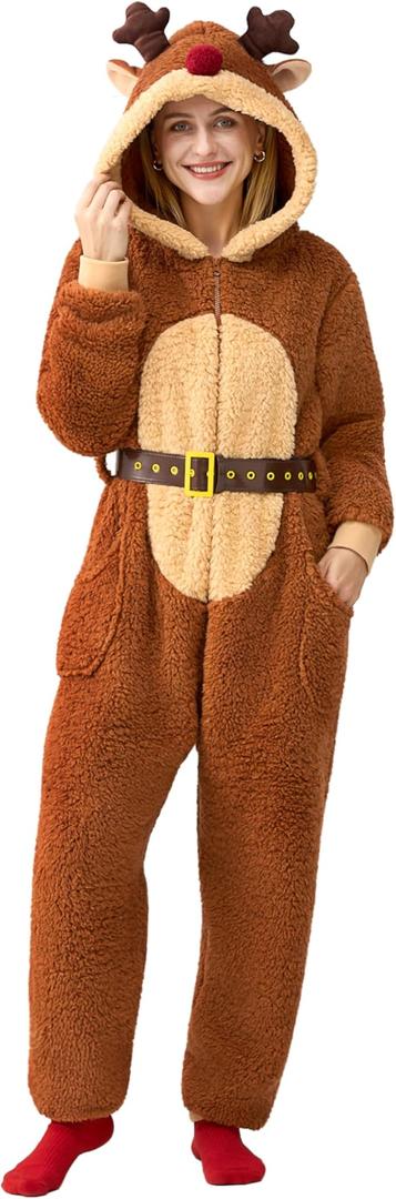 Giggling Getup Adult Womens Christmas Pajamas, Sherpa Fleece Pajamas Women, Reindeer Hoody Holiday Jumpsuit