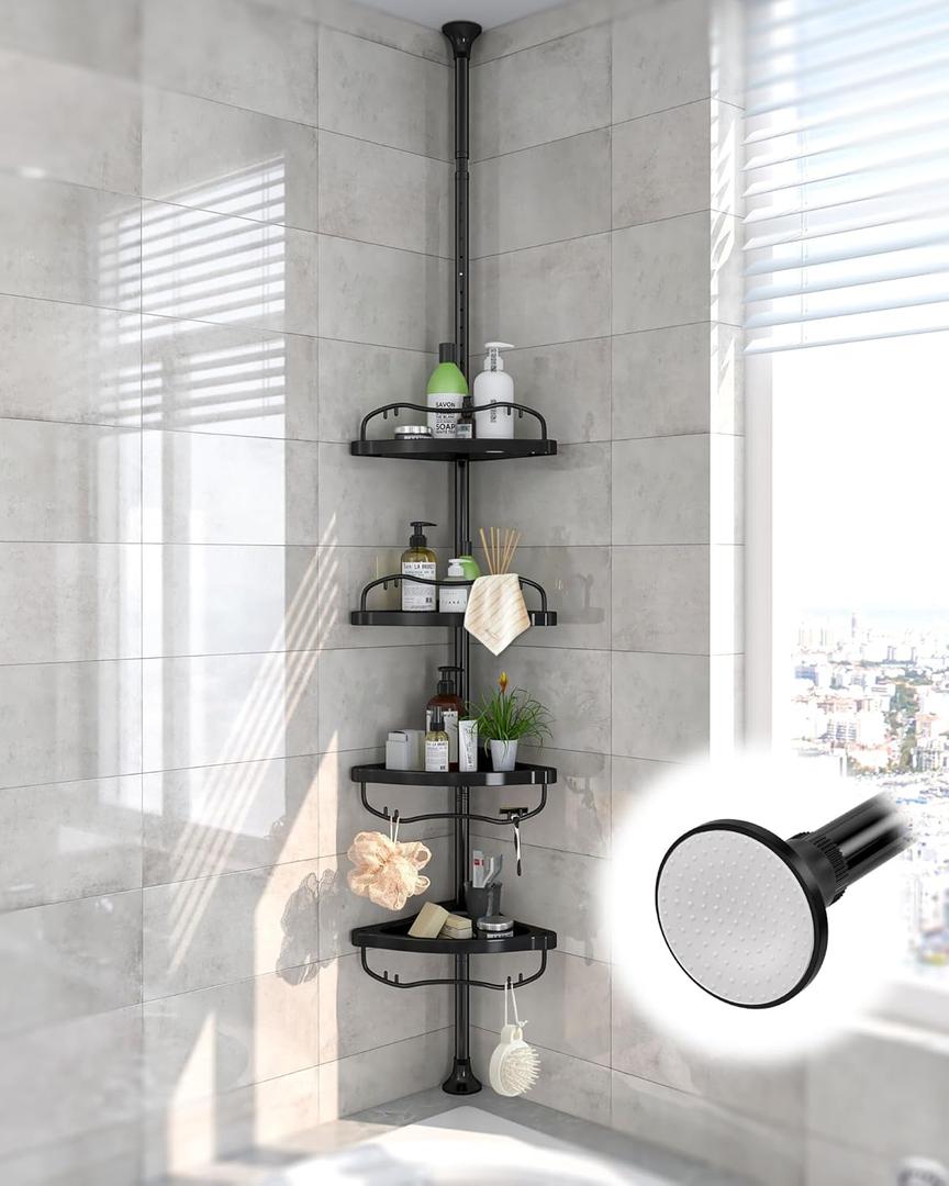 Corner Shower Caddy Tension Pole - 125 Inch Tall Adjustable Inside Shower Organizer 4-Tier Rustproof Bathroom Organizer Shelves for Bathtub Shampoo Conditioner Storage, Floor to Ceiling Standing Caddy (Black)