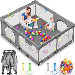 Foldable Playpen for Babies and Toddlers: 71" L x 59" W x 27" H(External Dimensions), Large Kids Play Yard, Portable for Indoor and Outdoor Play Area, Baby Gate with 50PCS Ocean Ball, 4 Handles (Grey Without Mat)