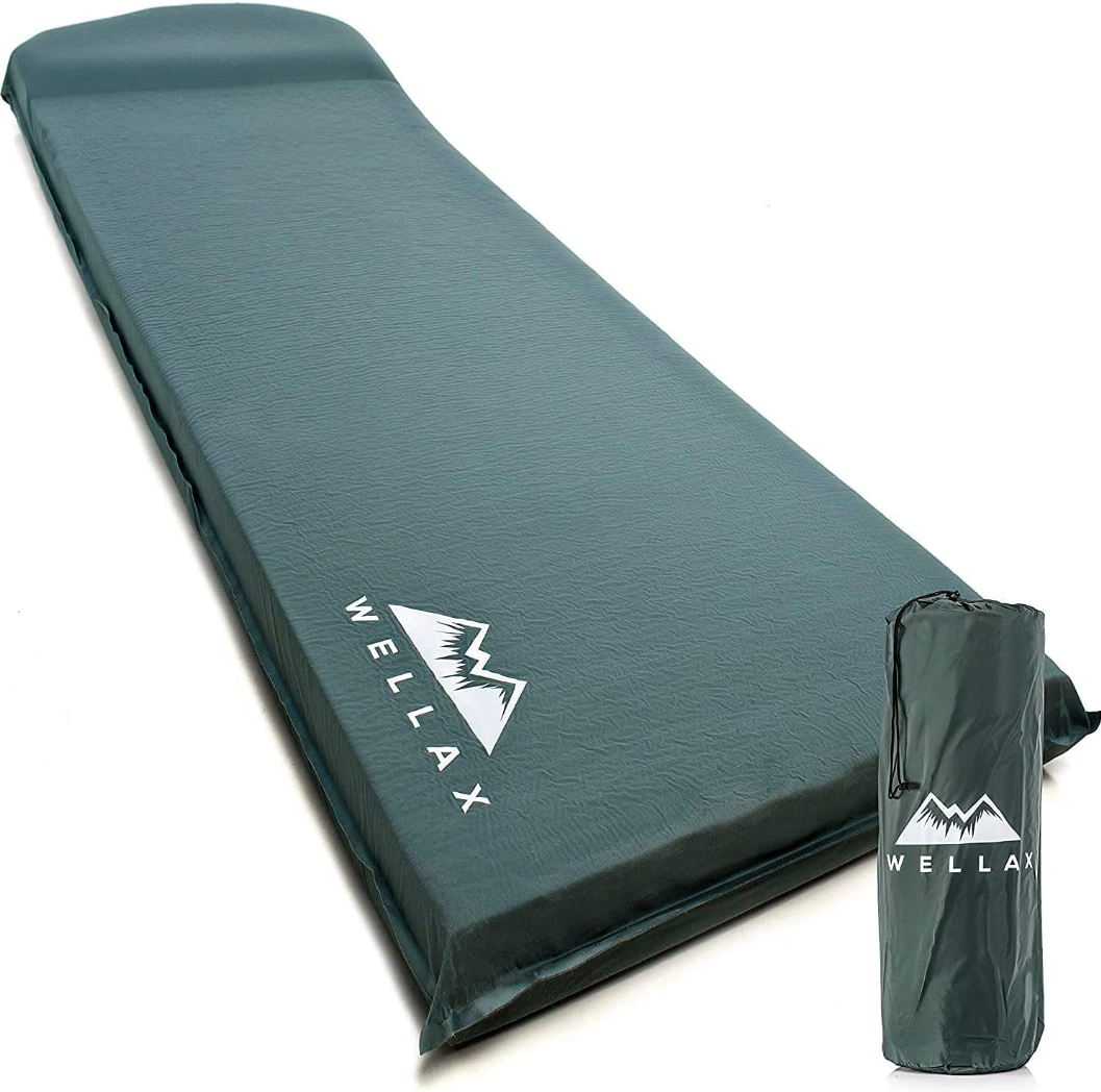 WELLAX  77"L x 28"W x 3"Th  Sleeping Pad - Foam Camping Mats, Fast Air Self-Inflating Insulated Durable Mattress for Backpacking, Traveling and Hiking - Ultrathick All-Weather Foam Pad with Build in Pillow (Green)