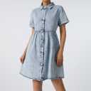 KOMOO Women Summer Denim Dress High Waist Short Sleeve Button Down Denim Shirt Dresses Casual One-Piece Jean Babydoll Dress M