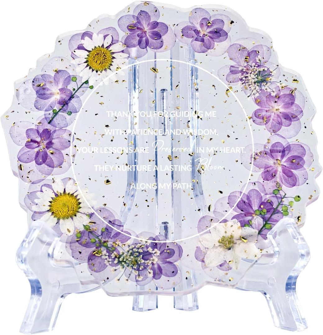 Teacher Appreciation Gifts for Women Resin Floral Keepsake Plate Decor with Pressed Real Flowers (Purple & White) Unique Thank You Gift for Teachers
