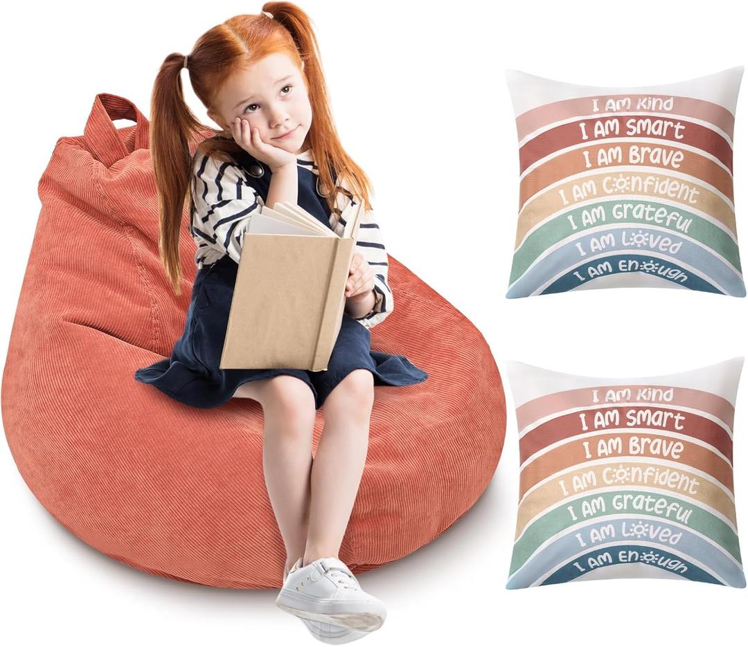 Cozy Corner for Kids Classroom, No Filler, Reading Calming Corner Items Bean Bag Cover and Rainbow Throw Pillow Covers for Nursery Toddler Girl Room Aesthetic Boho Classroom Decor(Dusty Pink) (Small)