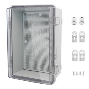 IP67 Waterproof Junction Box, ABS Plastic Electrical Enclosure with Stainless Steel Latch, Hinged Cover Electric Box with Mounting Plate, Wall Brackets & Cable Glands 300x200x130